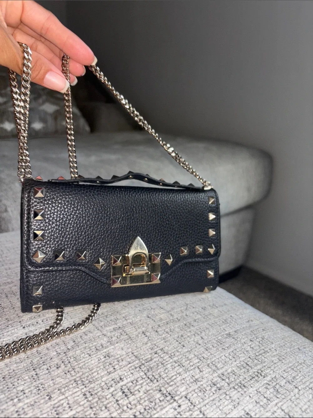 Valentino Black Pebbled Leather Crossbody with Gold Stud Detail